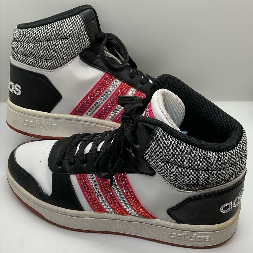 ADIDAS “HOOPS MID 2.0” Hi-Tops Youth 5.5 (womans 7) SWAVORSKI stones BLING